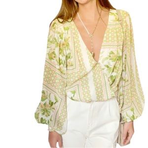 Flying Tomato Floral Wrap Front Balloon Sleeve Blouse